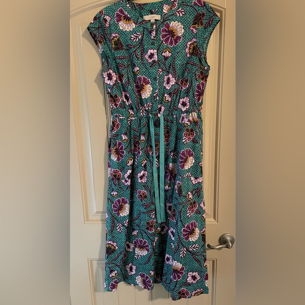 Loft Floral Midi Dress with drawstring waist